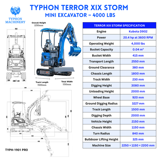New TYPHON TERROR XIX STORM Mini Excavator 4000lbs 20.4hp Kubota D902 engine Trench Digger with Boom Swing, Canopy, Retractable Tracks