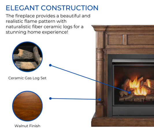 Duluth Forge Full Size Dual Fuel Ventless Gas Fireplace With Mantel – 32,000 BTU, Remote Control, Walnut Finish – Model# FDI32R-M-WN
