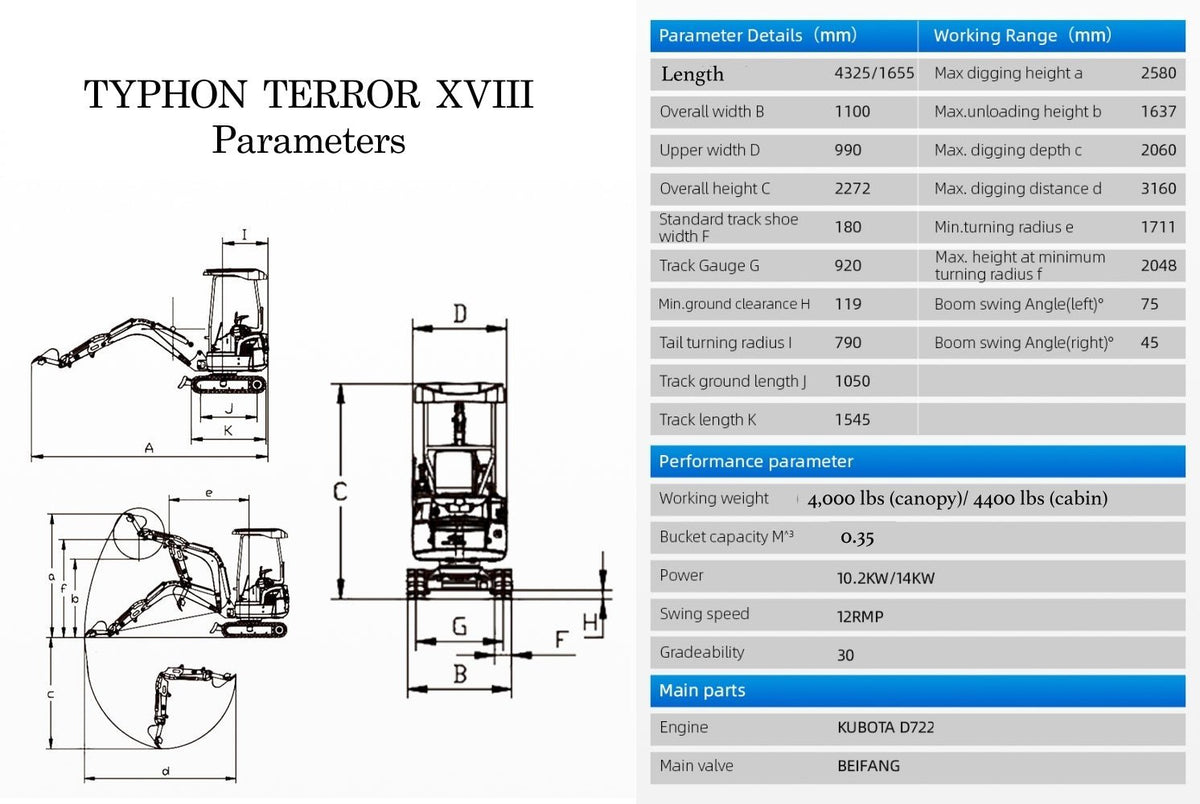 NEW 4,000lb TYPHON TERROR XVIII Mini Excavator Kubota Engine