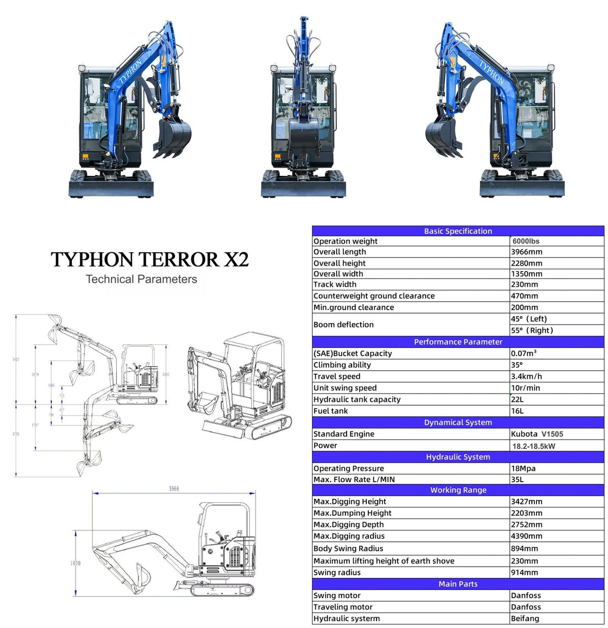 TYPHON TERROR X2 Mini Excavator 2.7 Ton Kubota V1505 Engine