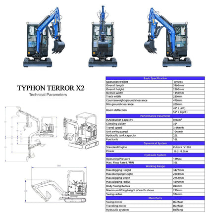 TYPHON TERROR X2 Mini Excavator 2.7 Ton Kubota V1505 Engine