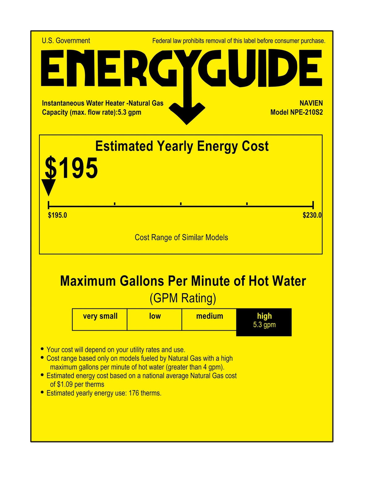 Navien™ NPE-210S2 180,000 BTU Condensing High-Efficiency Gas Tankless Water Heater