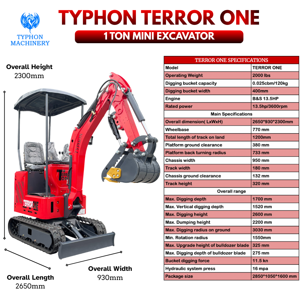 TYPHON TERROR ONE STORM Mini Excavator 1 Ton Trench Digger with Canopy, Hydraulic Oil Cooler, Hydraulic Thumb Clip, Bucket, 13.5hp B&S Gas Engine USA