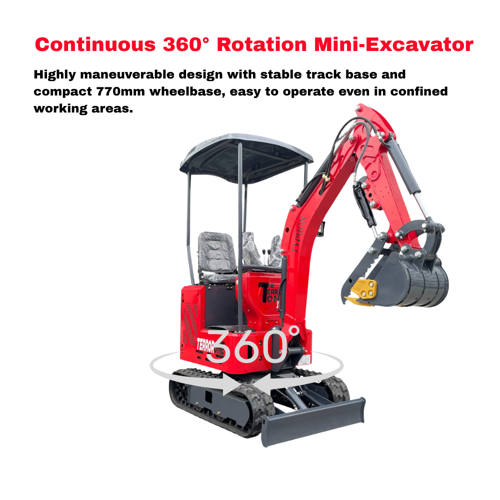 TYPHON TERROR ONE STORM Mini Excavator 1 Ton Trench Digger with Canopy, Hydraulic Oil Cooler, Hydraulic Thumb Clip, Bucket, 13.5hp B&S Gas Engine USA