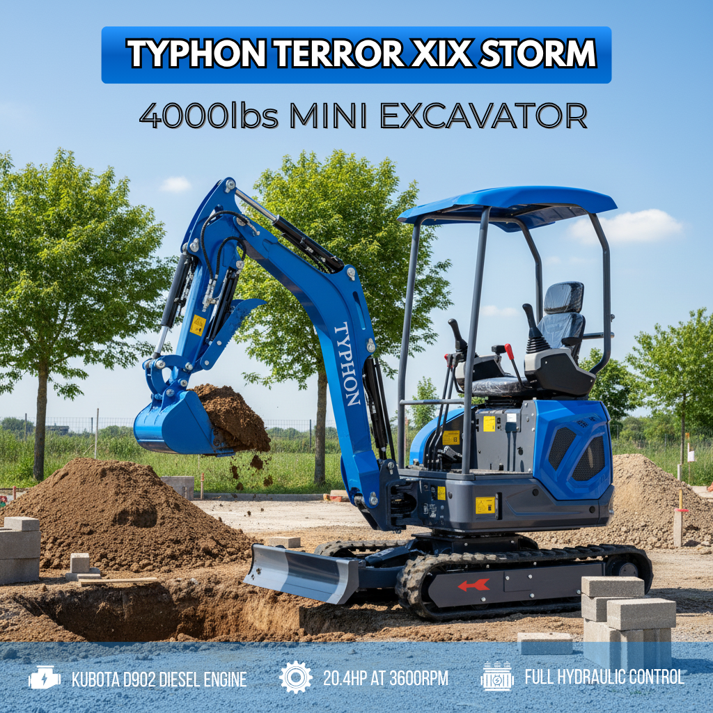 New TYPHON TERROR XIX STORM Mini Excavator 4000lbs 20.4hp Kubota D902 engine  Trench Digger with Boom Swing, Canopy, Retractable Tracks