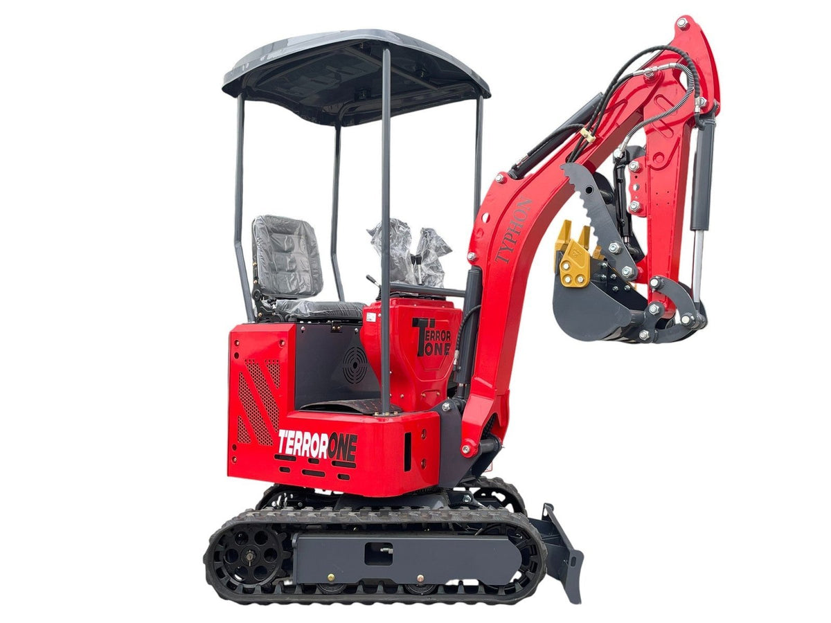 TYPHON TERROR ONE STORM Mini Excavator 1 Ton Trench Digger with Canopy, Hydraulic Oil Cooler, Hydraulic Thumb Clip, Bucket, 13.5hp B&S Gas Engine USA