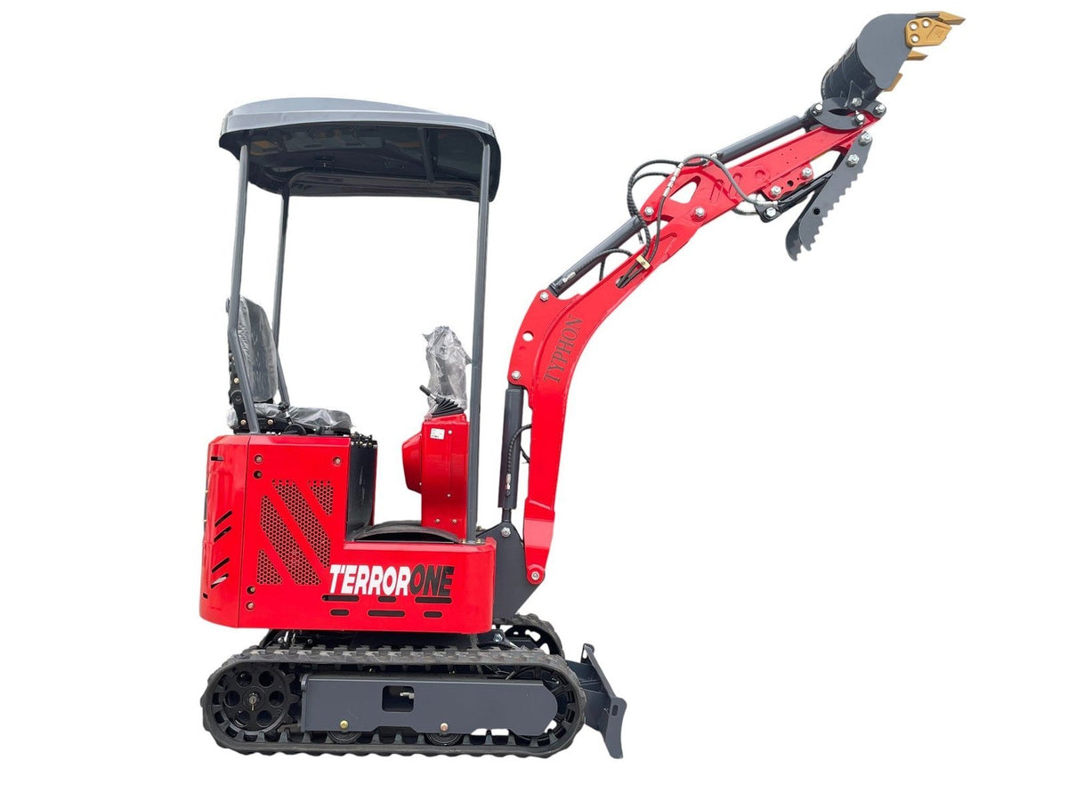 TYPHON TERROR ONE STORM Mini Excavator 1 Ton Trench Digger with Canopy, Hydraulic Oil Cooler, Hydraulic Thumb Clip, Bucket, 13.5hp B&S Gas Engine USA