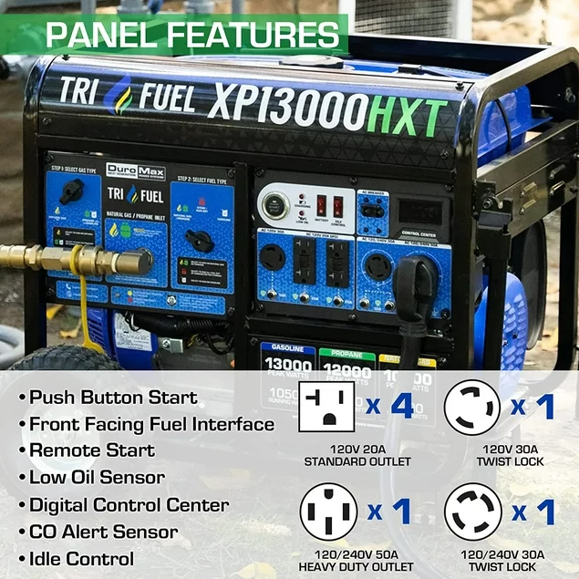 DuroMax XP13000HXT 13,000 Watt Electric Start Tri-Fuel Natural Gas/Propane/Gas Powered Portable Generator w/ CO Alert