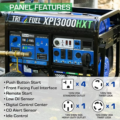 DuroMax XP13000HXT 13,000 Watt Electric Start Tri-Fuel Natural Gas/Propane/Gas Powered Portable Generator w/ CO Alert