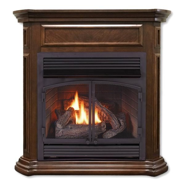 Duluth Forge Dual Fuel Ventless Gas Fireplace With Mantel – 32,000 BTU, T-Stat Control, Nutmeg Finish – Model# DFS-400T-4NG