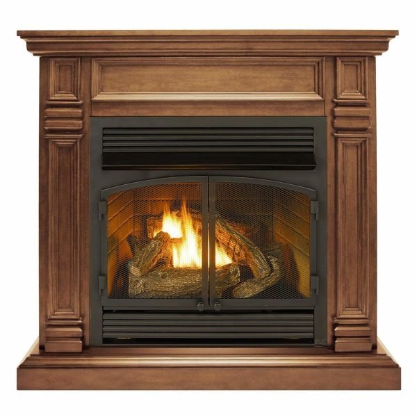 Duluth Forge Dual Fuel Ventless Gas Fireplace With Mantel – 32,000 BTU, T-Stat Control, Toasted Almond Finish – Model# DFS-400T-2TA