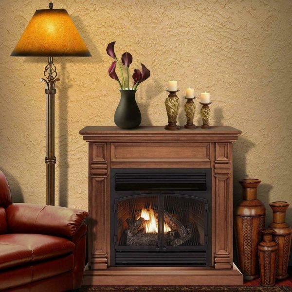 Duluth Forge Dual Fuel Ventless Gas Fireplace With Mantel – 32,000 BTU, T-Stat Control, Toasted Almond Finish – Model# DFS-400T-2TA