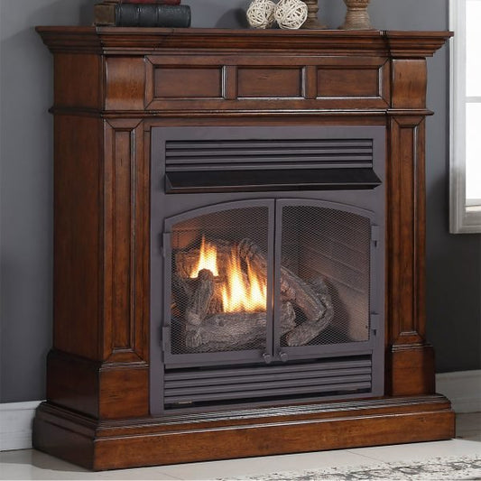 Duluth Forge Dual Fuel Ventless Gas Fireplace With Mantel – 32,000 BTU, T-Stat. Control, Auburn Cherry Finish – Model# DFS-400T-2AC