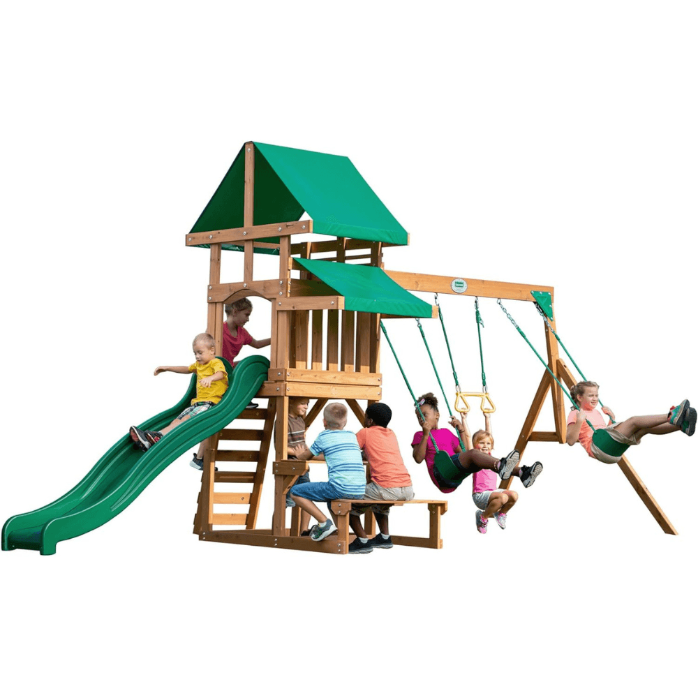 Canyon Creek All Cedar Swing Set Playset w/ Rockwall Upper Fort Belt Swings Web Swing Gray Wave Slide, and Play Kitchen