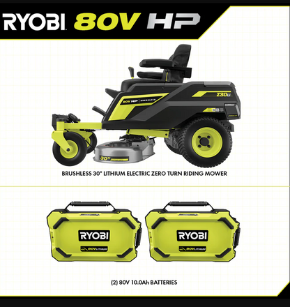 RYOBI 80V HP Brushless 30 in. Battery Electric Cordless Zero Turn Mower with 80V 10 Ah Batteries