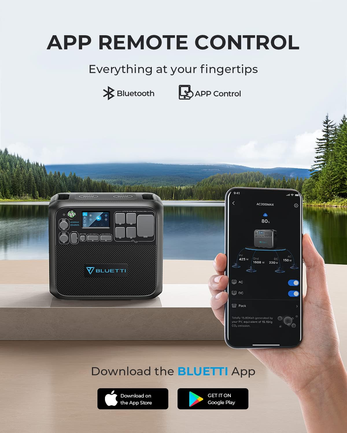 Bluetti Portable Generator 2200W With 350W Solar Panel Included, AC200MAX 2048Wh Solar Generator W/ 4 2200W AC Outlets, Expandable to 8192Wh for Home Backup